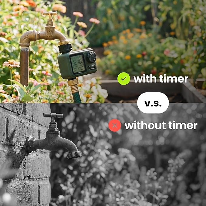 Sprinkler Timer for Garden Hose, Programmable 1 or 2 Outlet Controller with Self-Cleaning Valve, 15-Day Frequency, Large Dial, Rain Delay & Auto-Off, IPX5