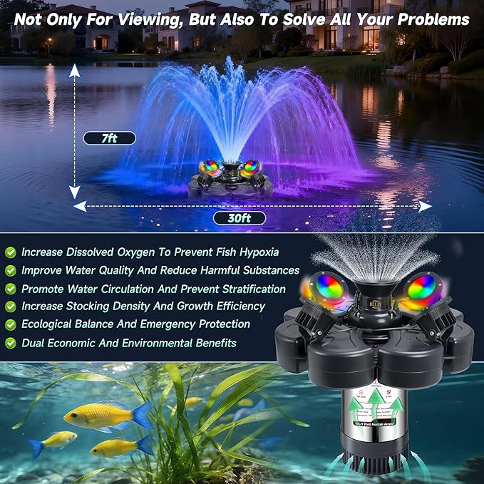 RELIY Pond Fountain Aerator, With 4 RGB Lights 1HP 110V 15000 GPH Stainless Steel Fountain Pump, Fully Automatic Powerful Lake Floating Fountain, 100 FT Power Cord, Programmable Timer Switch