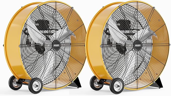 ROVSUN 24 Inch High Velocity Drum Fan, 9500CFM Industrial Metal Floor Fan with Handle, Heavy Duty, 3-Speed, Air Circulator for Shop, Garage, Gym, Barn, Commercial, UL Listed, Yellow, 2-Pack