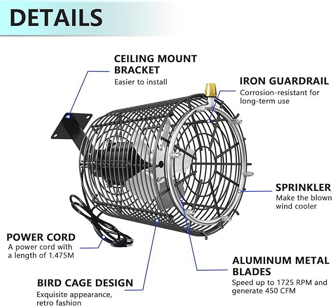 Greenhouse Air Circulation Fan with Mist and Water Pipe 1/80 HP 115V Ceiling Wall Mount Fan High Speed Circulation for Greenhouse, Warehouse, Patio, Garage 450CFM, 12000BTU, ETL Listed
