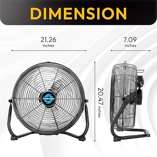 Tornado 18 Inch Powerful Industrial Floor Fan, 3-Speed High Velocity Metal Fan, 120° Adjustable Tilt, 6.0 FT Cord for Commercial and Home Use, Black