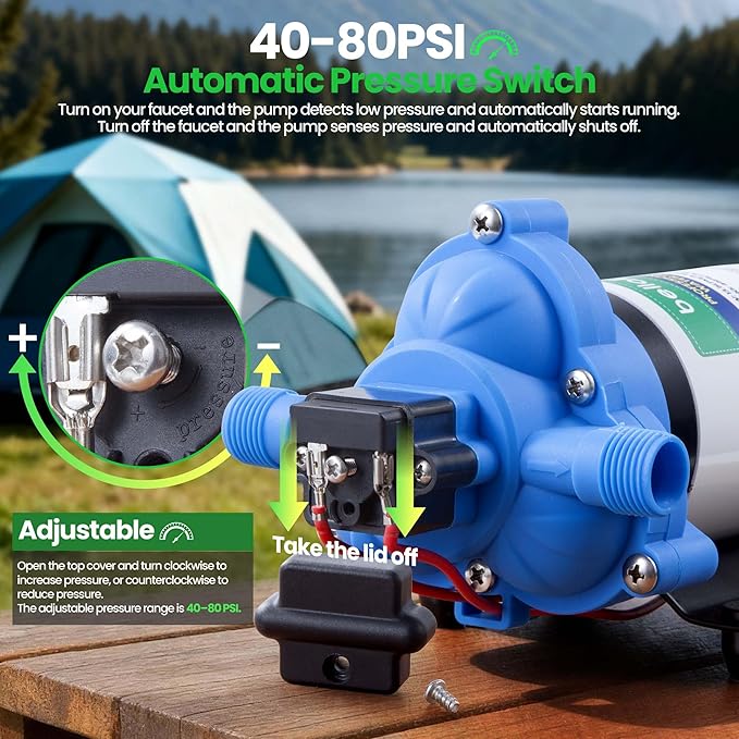 12V Water Pump - 3.5 GPM Pure Copper Motor Self-Priming Diaphragm Pump with 40-80 PSI Adjustable Pressure Switch for RV, Marine & Agricultural Use