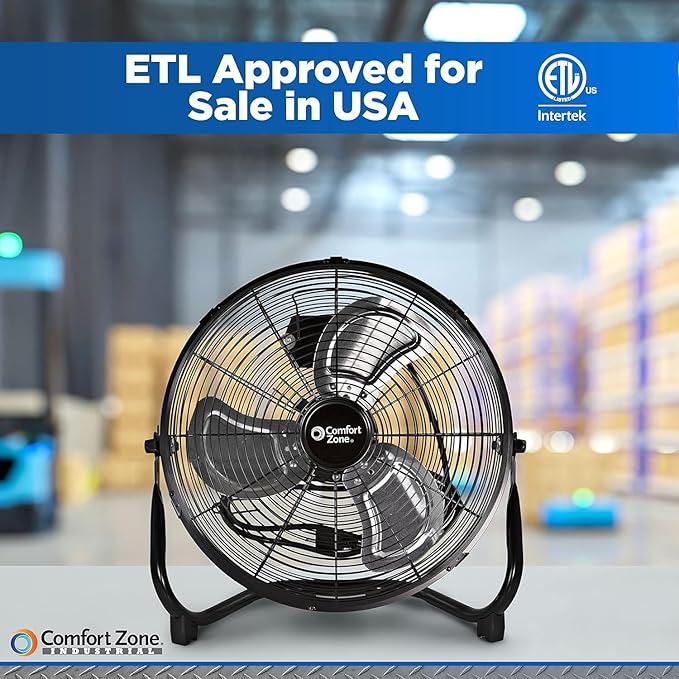 Comfort Zone Cradle Floor Fan, Electric, High-Velocity,180 Degree Adjustable Tilt, 14 inch, 3 Speed, Carry Handle, Rubber Feet, Metal, Airflow 21 ft/sec, Ideal for Garage or Workshop, CZHV14B