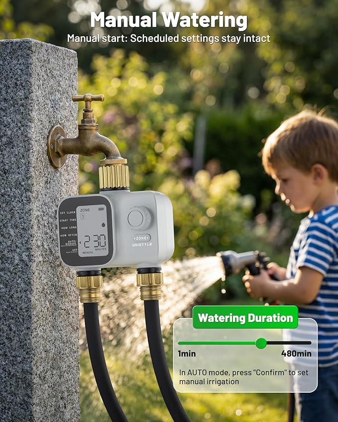 [All-New 2027] Heavy Duty Sprinkler Timer 2 Zone with Brass Inlet, Unistyle Water Timer for Garden Hose with Rain Delay and Manual Water/Automatic Irrigation, Hose Timers Yard Lawn Patio