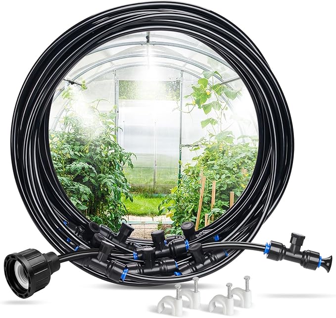 HOMENOTE Misting Cooling System, 32FT Pre-Assembled Misting Kit, 7 Rust-Proof Nozzles, 3/4" Adapter, Outdoor Mister for Patio Cooling, Greenhouse, Pet & Chicken Coop