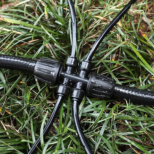 Bonviee 10 Pack 5/16” to 1/4” Push-to-Connect Tee, Split 5/16” Tubing into Four 1/4” Lines, Quick Connect Drip Irrigation Fittings, Leak-Proof 6-Way Splitter for Garden, Lawn, Greenhouse