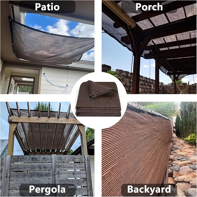 POYEE 90% 8x8ft Sun Shade Cloth with Reinforced Corner Webbing & D-Rings, Pergola Shade Cover – Breathable 200GSM HDPE Fabric for Patio, Garden, Deck & Backyard (Mocha)