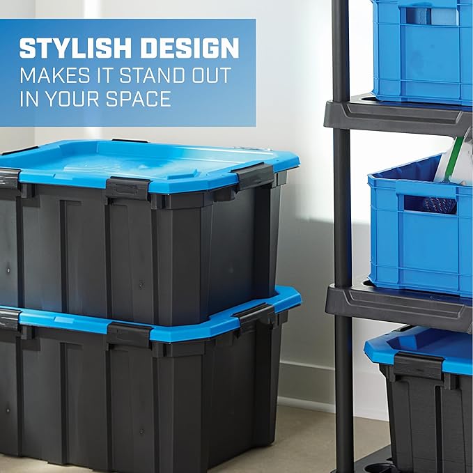 24 Gallon Waterproof Storage Bin with Latching Lid, Heavy Duty Plastic Tote for Garage, Basement, Attic, and Outdoor Storage – Dustproof, Stackable,Secure Locking Buckles,Black with Blue Lid, BPA-Free