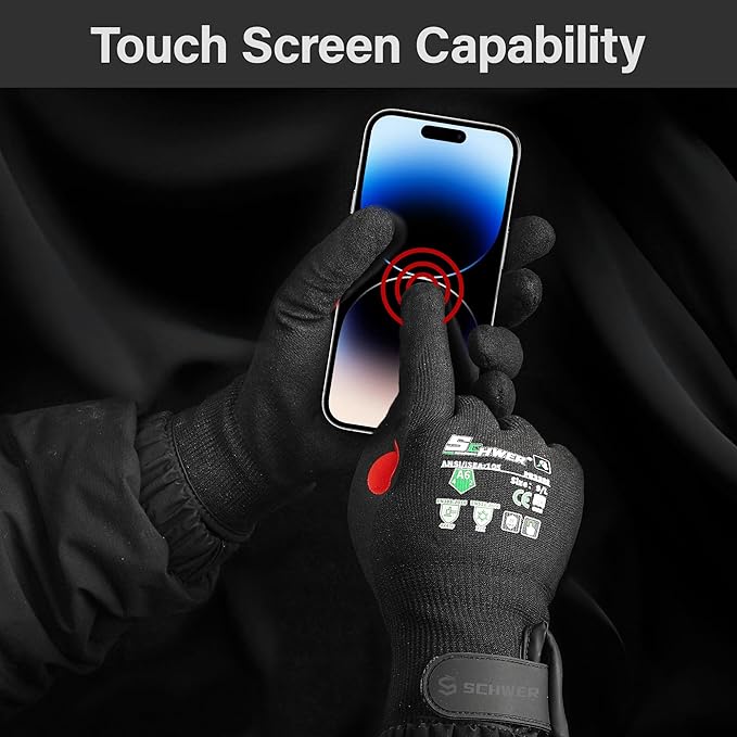 Schwer FreezeGuard Winter Work Gloves for Men and Women, ANSI A6 Cut Resistant Gloves With Super Grip, Freezer Glove for Work, Touchscreen, Thermal Insulated, PR3388, Black Knight (M, 2 Pairs)