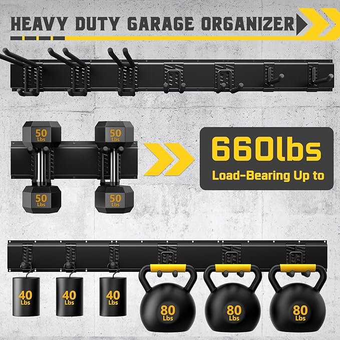 48" Garage Tool Organizer Wall Mount, 660lbs Heavy Duty Steel Garden Tool Storage Rack with 9 Adjustable Hooks for Yard, Shed, Garage (3 Racks, 9 Hooks, 2 Straps)