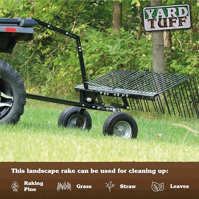 Yard Tuff Pine Straw Rake, Steel Lawn Sweeper with 24 Spring Tines, 60-Inch - Leaf Collector Attachment with Pin Hitch for ATV, UTV or Utility Tractor