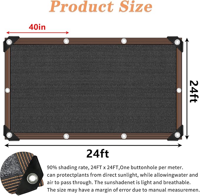 90% Black Shade Cloth, 24x24 FT Mesh Tarp Sun Shade Cloth with Grommets, Sun Protection Sail for Garden Greenhouse Pergola Plants Barns Kennel Patio Outdoor Neting Cover