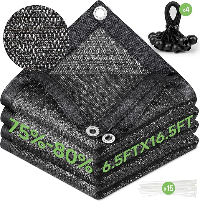 FOTMISHU 75%-80% Shade Cloth 6.5ftx16ft Heavy Duty Anti-Aging Sun Mesh UV Resistant Net, Sunblock Garden Shade Mesh Tarp for Plant Cover, Barn or Kennel, Flowers, Plants, Used for 3 Years or Even Long