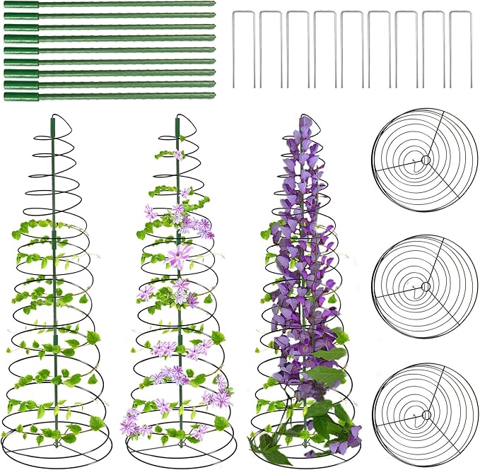 3 Pack 53.6" Spiral Plant Support Stakes, Adjustable Metal Pea Trellis for Climbing Plants, Garden Support Rings with 9 Extension Rods & 9 Ground Stakes for Potted Plants, Vegetables, Flowers,Peas