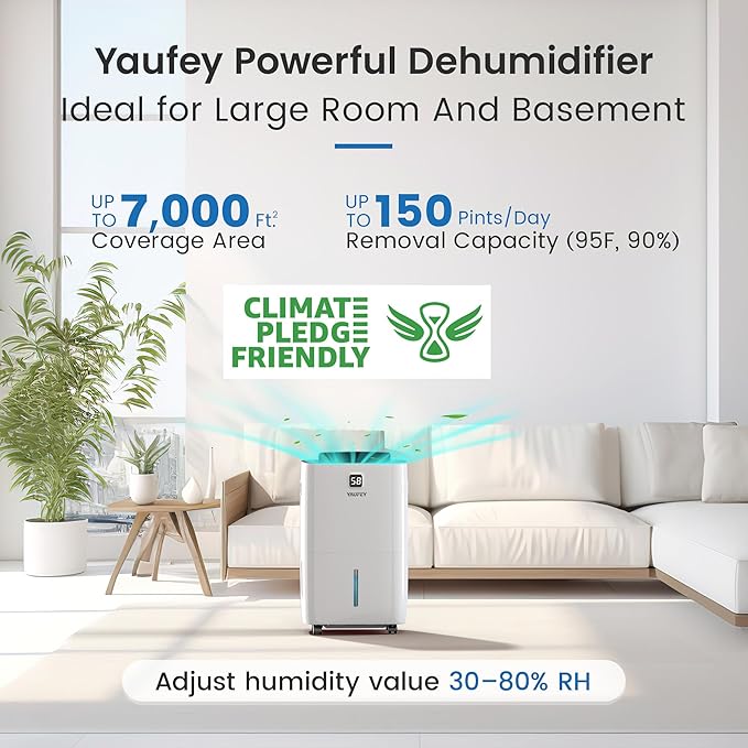 Yaufey 150 Pints Dehumidifier with Pump for Home, Basement and Large Room up to 7000 Sq. Ft., With Drain Hose, Timer, Intelligent Humidity Control and Large Water Tank