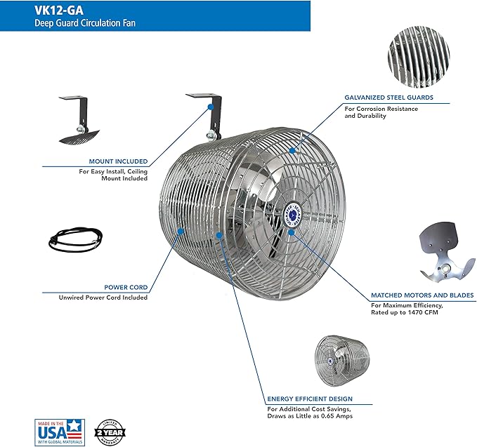 Schaefer VK12-GA VersaKool Air Circulator Fan, Ceiling Wall Mount & Aluminum Blade, 1470 CFM, 1/10 hp, Energy-Efficient Commercial Fan for Patio, Garage, Industrial & Workshop (Silver)