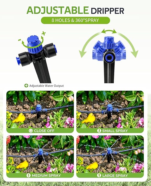 HIRALIY 30 Piece Quick-Connect Drip Irrigation Emitters for Drip Irrigation Kit Series 1/4'' Tubing, 8 Holes Adjustable Water Flow Dripper with Stake
