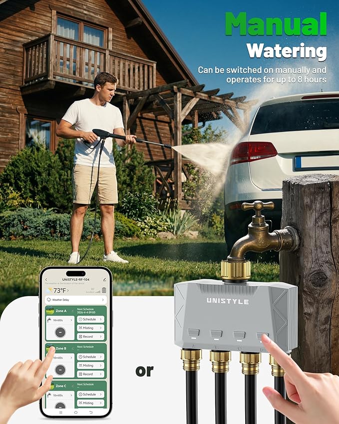 [All-New 2027] 1700FT WiFi 4 Zone Water Timer for Garden Hose with Brass Inlet, Unistyle Smart Sprinkler Controller Compatible Alexa & Google Voice, WiFi Hose Timer, Auto Manual Modes for Garden Lawn