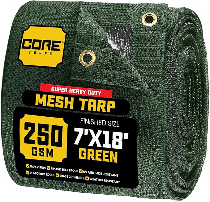 Core Tarps 60% Green Shade Cloth with Grommets - 7 X 18 FT Heavy Duty Mesh Tarp - Sun Shade Cloth for Garden Vegetables Plants Greenhouse Outdoors Backyard Fences Dump Trucks Patio Mesh Shade Tarp