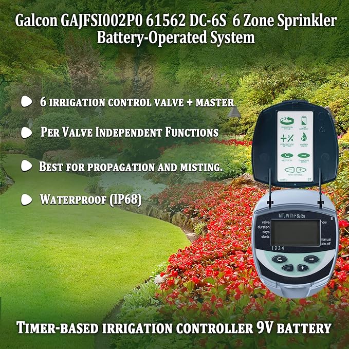 Galcon 61562 DC-6S, 6 Station Battery Operated Irrigation Timer for Sprinkler, Drip, & Propagation. Indoor & Outdoor. Daily or Cyclic Programs, Home, Garden, Nurseries, Greenhouses Misting GAJFSI002P0