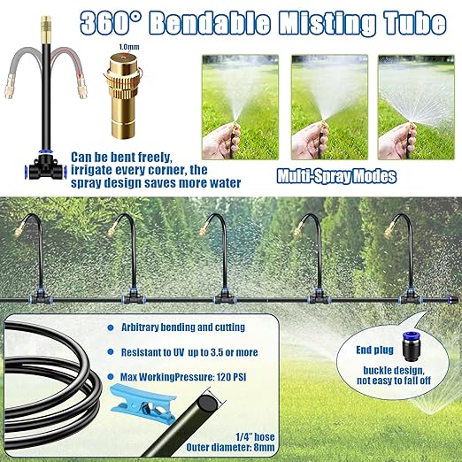 Dianrui Drip Irrigation System—50FT 1/4" Garden Watering System with 16pcs Copper Nozzles, 360° Curved Garden Automatic Irrigation System for Garden/Lawn/Greenhouse/Raised Beds/Outdoor Plants