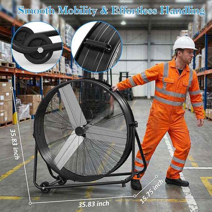 LifePlus 36" Industrial Drum Fan, 21800 CFM 600W High Velocity 3-Speed Heavy Duty Metal Air Circulator with 360° Tilt, Casters Handle for Warehouse Factory workshops Patios Garage, Black