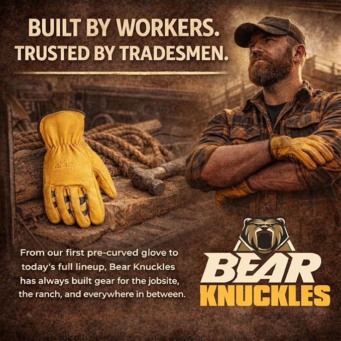 Bear Knuckles HD361 Heavy-Duty Cowhide Leather Work Gloves for Men – 1.4mm Thick, A4 Cut-Resistant, Ergonomic Pre-Curved Fit, Waterproof Construction & Ranch Gloves (Medium)