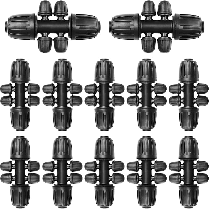 JAYEE Drip Irrigation Fittings, 12 Pcs Lock Barbed Six Way Connectors for 1/2 to 1/4 Inch Vinyl Tubing, Drip Line Parts 6-Way Reducing Tees Irrigation Kits for Drip Sprinkler Garden Lawn Systems