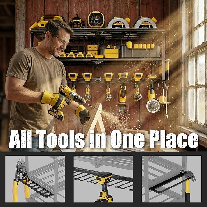 Heavy Duty Power Tool Organizer for Wall Mount Garage Storage – 320 lbs Capacity, 3-Tier Iron Wire Rack with 8 Drill Slots, Shelf for Battery Charging Station – Gift for Dad Handyman