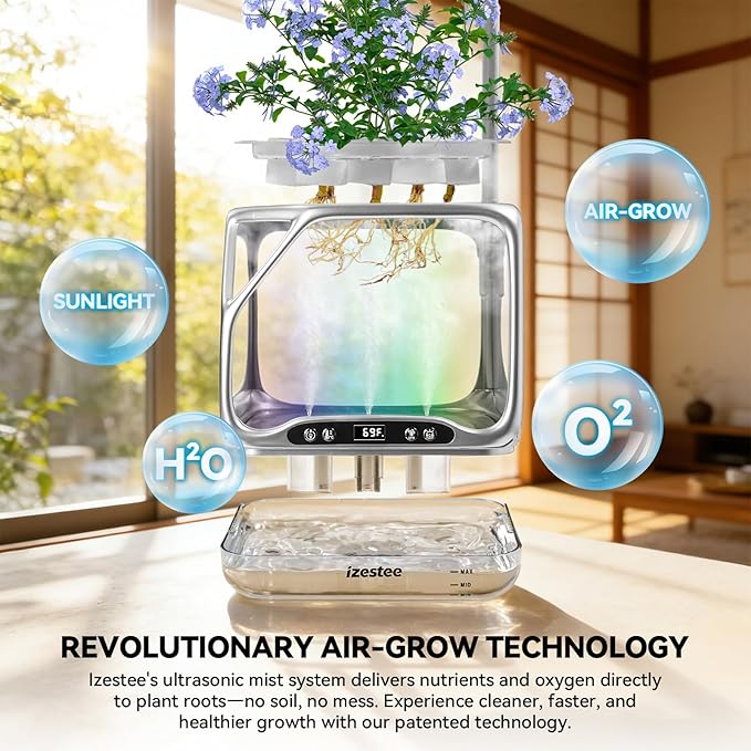 Smart Aeroponics Growing System, Desktop Hydroponic Planter Indoor with Full-Spectrum Grow Light, Humidifier, Heating Function & RGB Mood Lighting, Visual Root Observation for Herbs,Indoor Plants