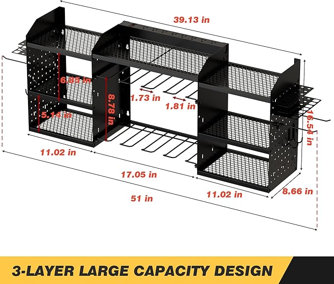 Power Tool Organizer Wall Mount with Charging Station, Heavy-Duty Metal Garage Tool Storage Rack & 8 Outlet Power Strip, 51 Inch 3 Tier 8 Bin Shelves for Workshop Organization