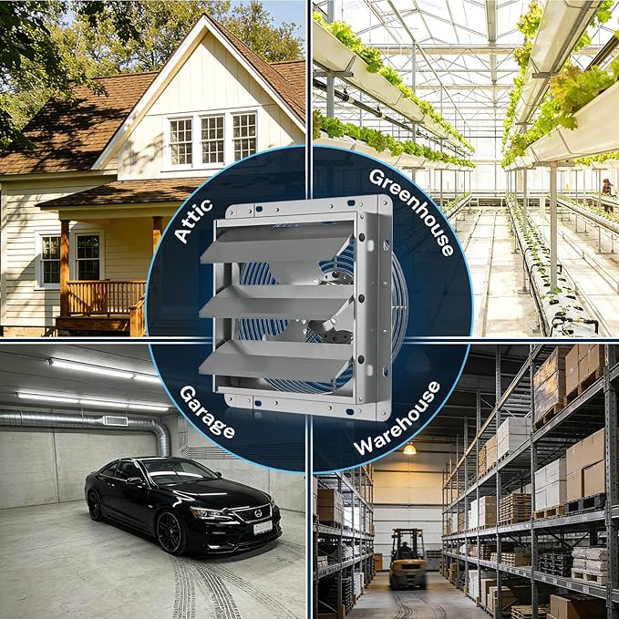 Hon&Guan 12 Inch Shutter Exhaust Fan with Stepless Speed Controller, 764 CFM High Airflow, 1600 RPM Wall Vent Fan, Automatic Gravity Shutters, Easy Install for Garage, Shed & Greenhouse, Gunmetal Gray