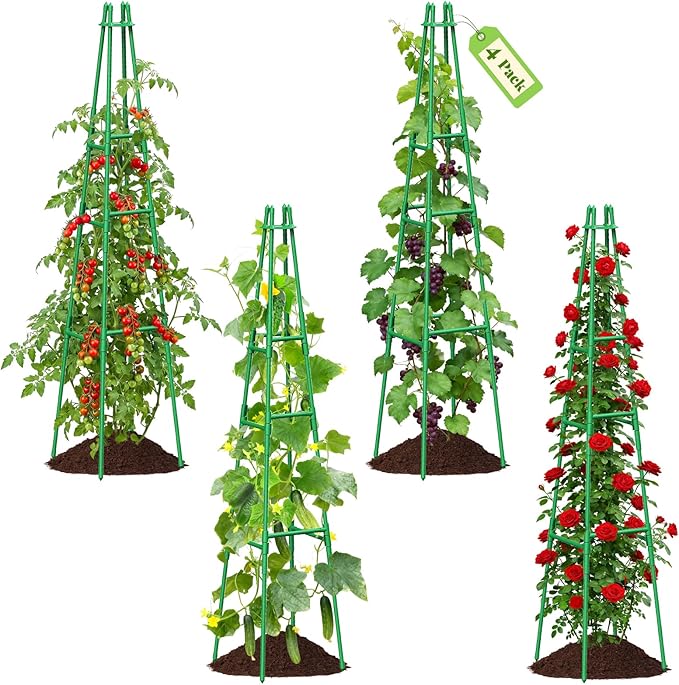 4 Pack 64" Tall Adjustable Obelisk Garden Trellis for Climbing Plants, Rust-Proof Pe Coated Metal Plant Trellis Support for Raised Beds, Potted Vines, Cucumbers, Tomatoes, Indoor Outdoor Use (4 Pack)