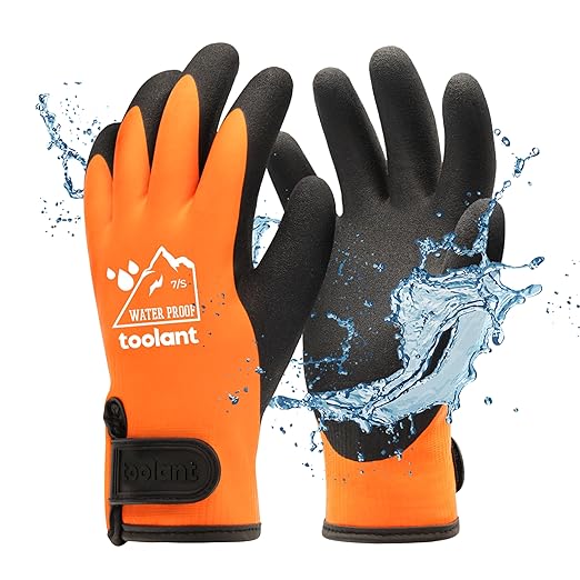 toolant 100% Waterproof Gloves for Men and Women, Winter Work Gloves for Cold Weather, Thermal Insulated Freezer Gloves, Touch Screen, With Grip, Orange, Small
