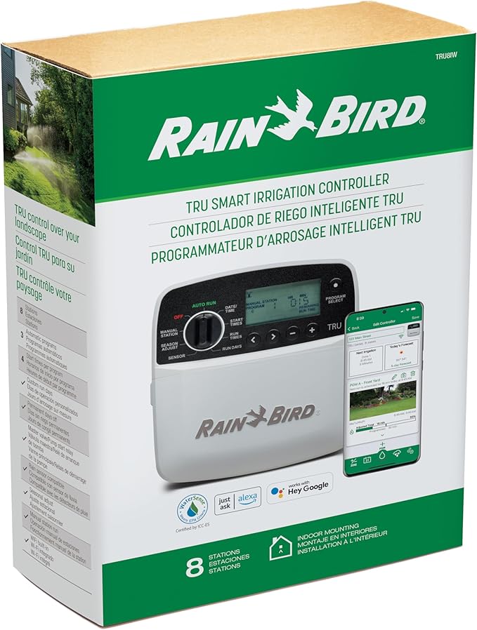 Rain Bird TRU8IW Timer and Smart WiFi Module Bundle, Program-Based Indoor Irrigation Sprinkler Controller/Timer, 8-Zone/Station