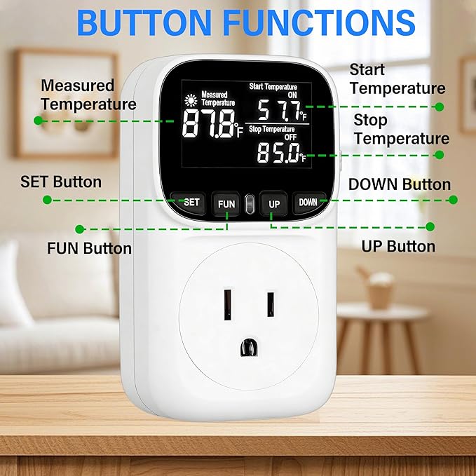 Digital Temperature Controller,Heavy-Duty 15 Amp/1800 Watt Thermostat Socket Plug,VA Display for Heating and Cooling Control Timer,Suitable for Greenhouse Incubators,Homemade Equipment,etc.
