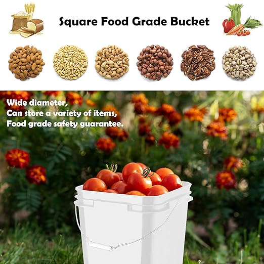 5 Gallon Bucket with Lid, Square Food Grade Plastic Pail with Metal Handles, Heavy Duty Industrial Storage Containers with Stickers, Rubber Mallet, Lid Opener (6 Pack, Black)