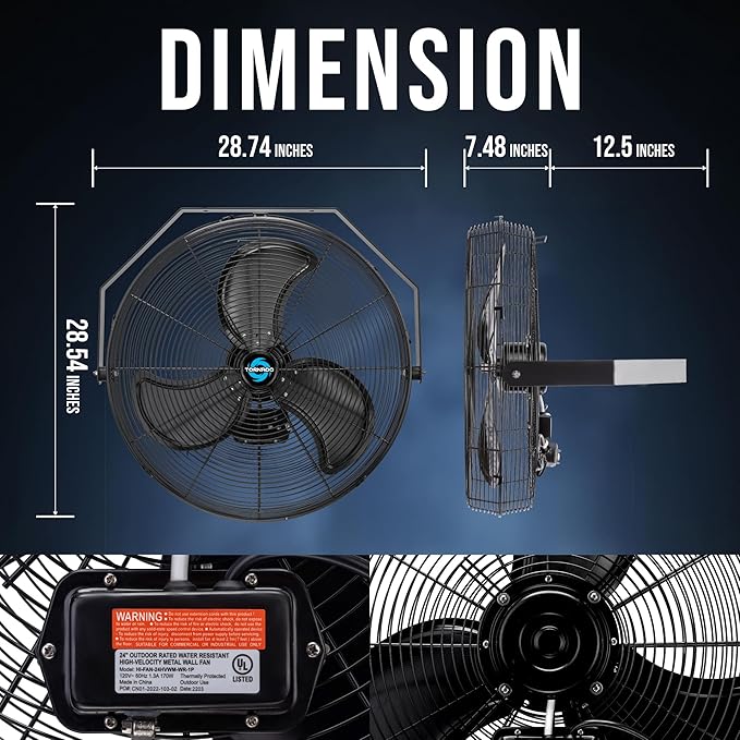 Tornado 24" High Velocity Metal Wall Mount Fan – IPX4 Water-Resistant & Outdoor Rated, 3-Speed, 7700 CFM, UL Safety Listed, Ideal for Commercial, Industrial, Residential, and Greenhouse Environments