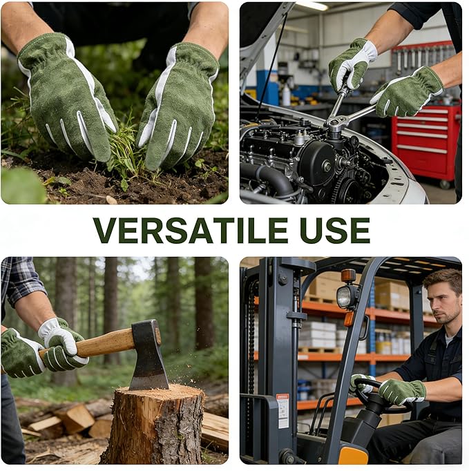 Leather Work Gloves for Men & Women, Cowhide Gardening Gloves, Reinforced Durable, Puncture Resistant & Cut Resistant Work Gloves