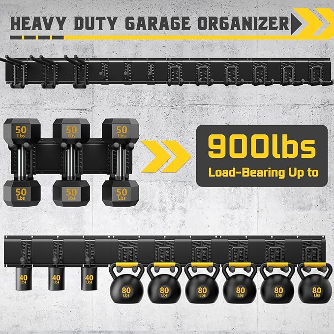 64" Garage Wall Organizer – 12 Longer & Thicker Hooks + 2 Straps, 900 Lbs Heavy Duty Steel Garden Tool Storage Rack & Garage Organization for Yard, Shed, Garage