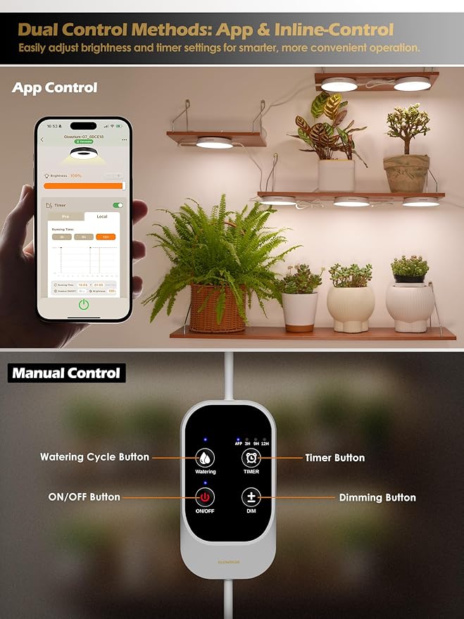 GLOWRIUM Grow Lights for Indoor Plants,48W Smart Full Spectrum LED Grow Light, Auto Timer and Stepless Dimming,Plant Assistant with Watering Reminder,Modular Design (White, 6 PCS)