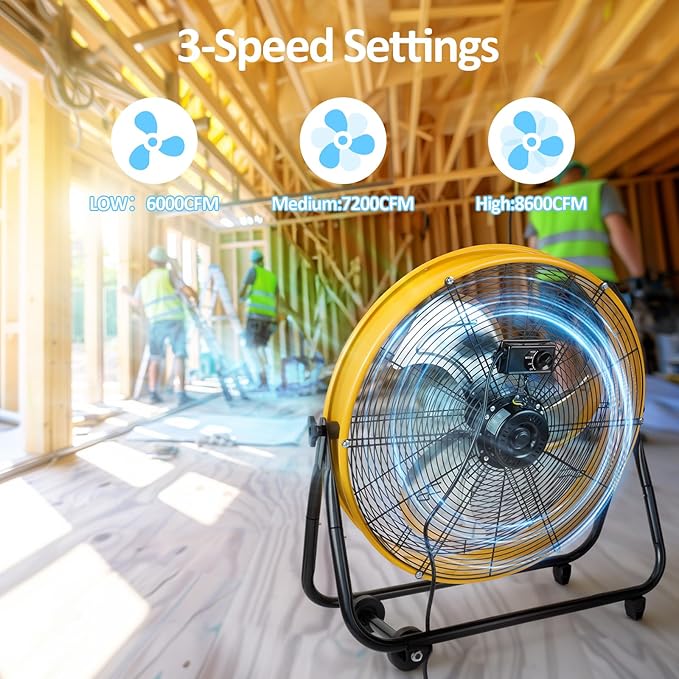BEESTAR 24 Inch Industrial Drum Fan, High Velocity Heavy Duty Metal Fan 8800CFM 3 Speed 360° Tilt 1/3HP Motor Larg for Garage,Warehouse,Greenhouse,Shop,Workship,Basement (24 INCH)