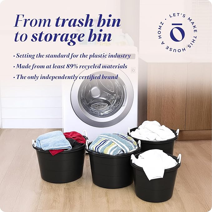 HOMZ 6-Pack Utility Tub, Large Plastic Storage Bucket with Rope Handles, 17 Gallon, Black - Portable Indoor and Outdoor Buckets for Kitchen, Laundry, Garden, Bathroom, and Garage Organization