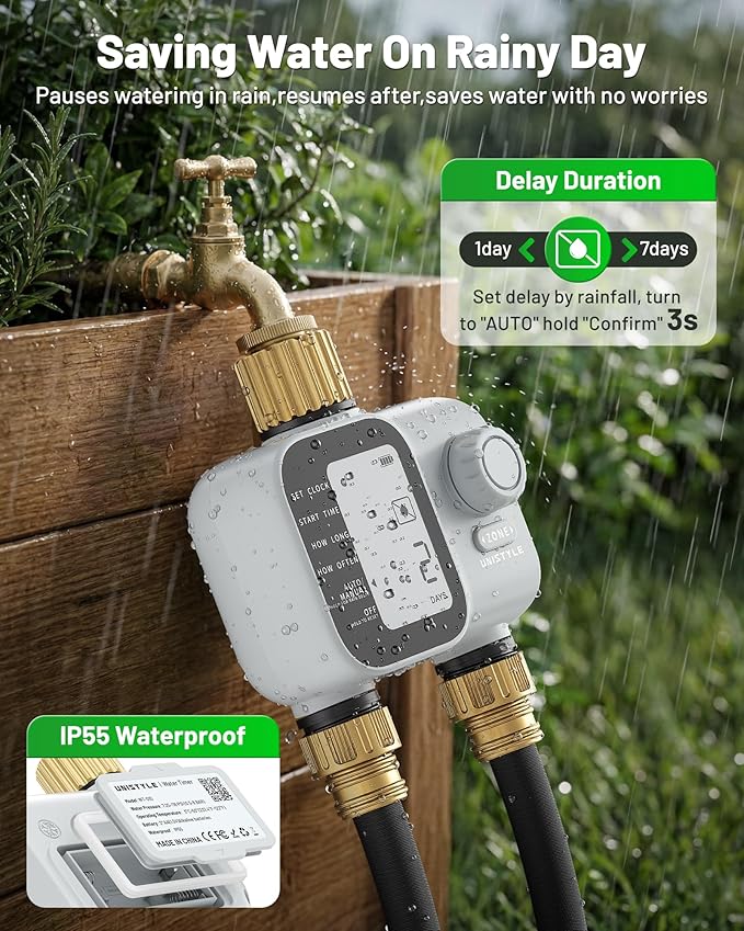[All-New 2027] Heavy Duty Sprinkler Timer 2 Zone with Brass Inlet, Unistyle Water Timer for Garden Hose with Rain Delay and Manual Water/Automatic Irrigation, Hose Timers Yard Lawn Patio