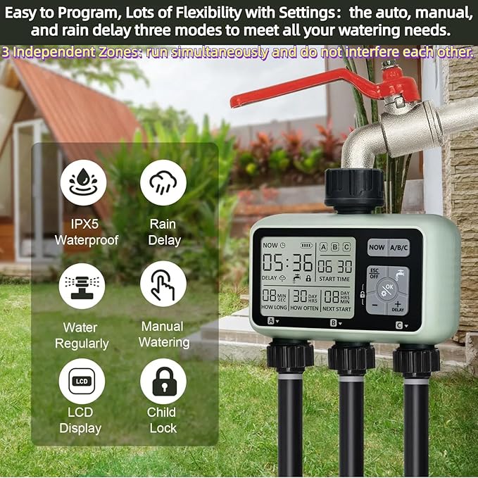 3 Outlet Sprinkler Timer Brass, Programmable Garden Hose Timer with Rain Delay, Manual& Automatic Watering System, Waterproof Digital Irrigation Controller Watering Evenly for 3 Separate Water Zones