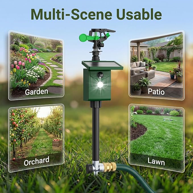 Solar Ultrasonic Animal Sprinkler Repeller with Motion Sensor Deer Repellent Motion Activated Sprinklers for Animal Deterrent Flashing Lights Cat Birds Dog Squirrel for Vegetable Plot Orchard Garden