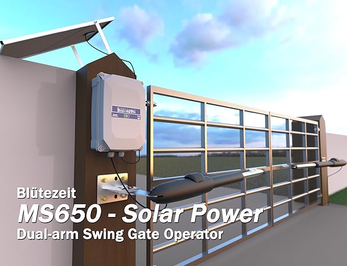 Blütezeit Solar Swing Gate Opener, 1760lb Dual-Arm Operator with Built-in 24V Lithium Battery & 25W Solar Panel, Integrated Control Box for Easy Install, Smart Auto Setting, 2 Remotes & Complete Kits