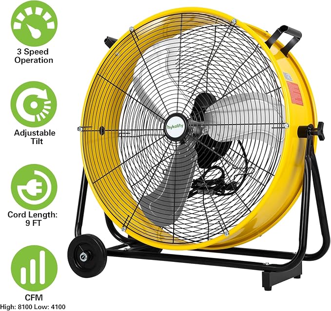 hykolity 24 inch 8100 CFM High Velocity Industrial Drum Fan, 3-Speed Heavy Duty Metal Shop Fan for Warehouse, Garage, Workshops, Factory, UL Listed, Yellow