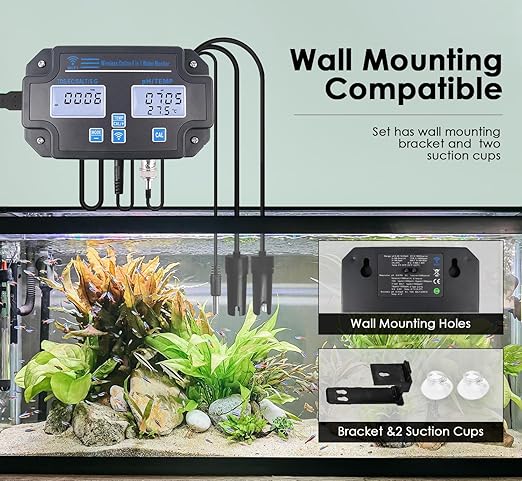 Smart Water Quality Tester 6-in-1 pH/EC/TDS/Salinity/S.G and Temperature Meter with Wi-Fi Continuous Monitor Wall-Mounted pH Water Meter with ATC and Easy Calibration for Aquariums, Hydroponics