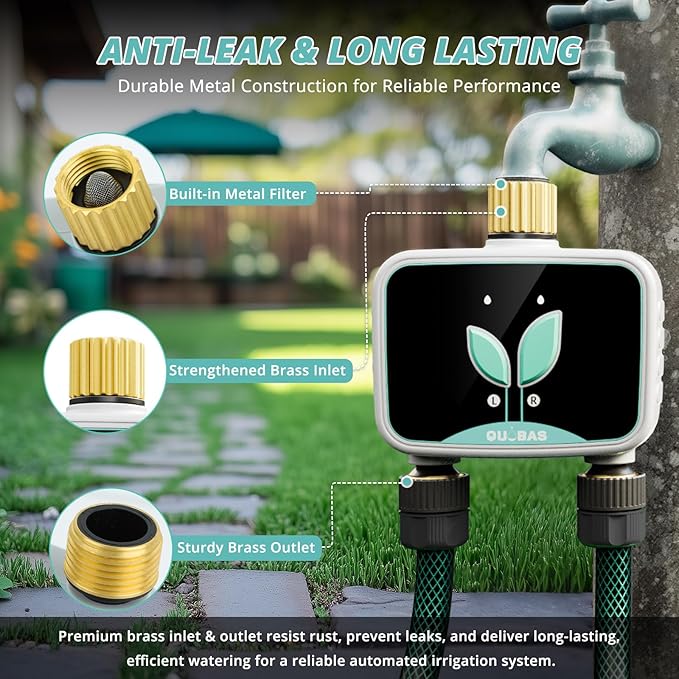 QUOBAS Smart WiFi Water Timer for Garden Hose, 2 Zone Brass Sprinkler Timer with App Control & Rain Delay/Auto/Manual 3 Modes for Drip Irrigation, Pool & Lawn, Battery Powered, 2.4GHz WiFi Only